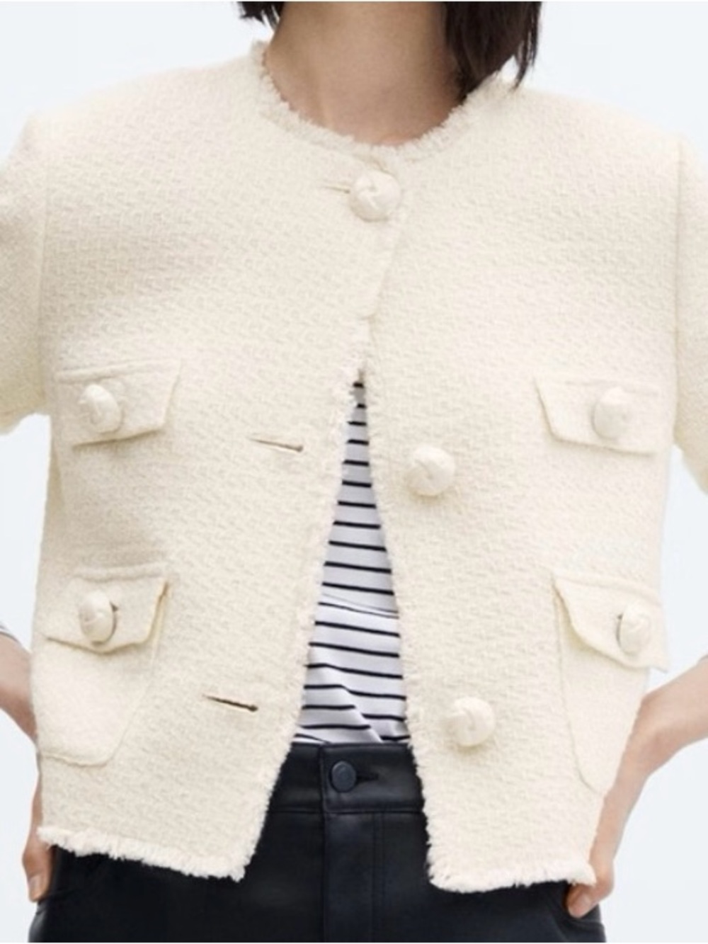 Mango Cream Textured Tweed Cropped Jacket with Braided Buttons